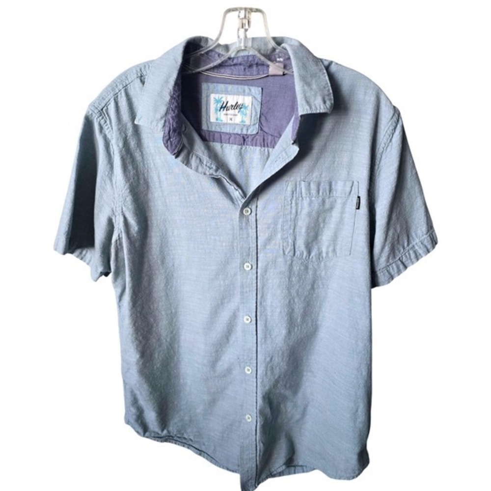Hurley Mens Slub Button Down Shirt Light Blue Short Sleeve Size M